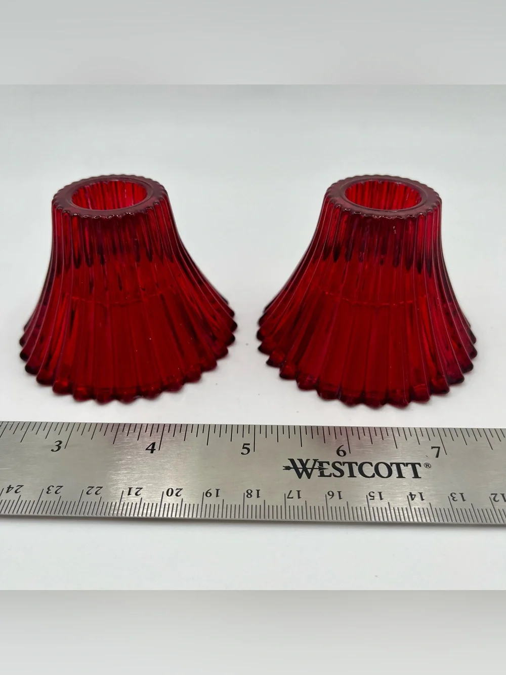 Vintage Red Glass Ribbed Taper Candle Holders - Set of 2